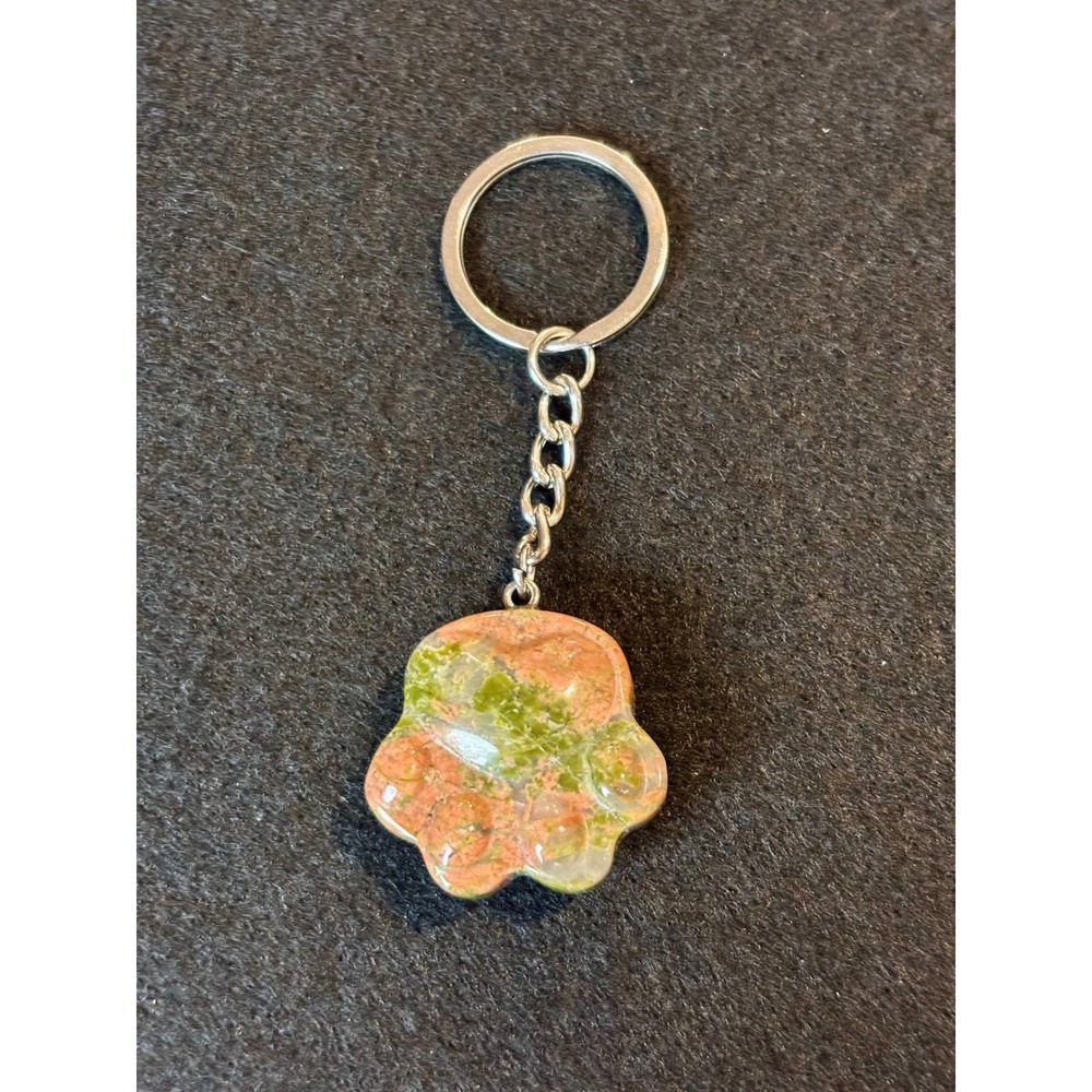Unakite Gemstone Paw Print Keychain Natural Green Pink Stone Animal Lover Gift
